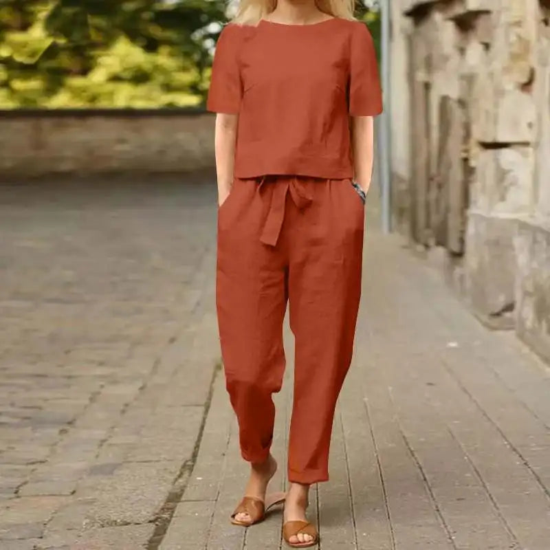 Women's Pullover Shirt And Pants Two-piece Set 2024 Women's Cotton And Linen Summer Suit Short Sleeved O-neck Outfit Pants