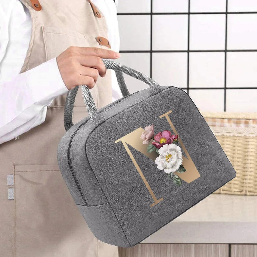 Thermal Food Picnic Lunch Box Insulated School Child Tote Lunch Bags for Work Cute Gold Letter Pattern Cooler Bag for Women