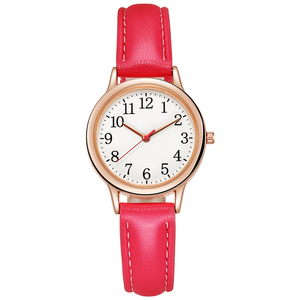 Leisure Fashion Women Quartz Watch Easy to Read Arabic Numerals Simple Dial PU Leather Strap Lady Candy Color