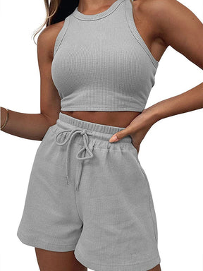 2024 Summer New Sleeveless Waffle Elegant Women's Sets Solid Color Sexy Waist Vest Casual Tethered Shorts Female's Two-Piece Set