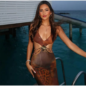 Sexy Printed V-neck Hollow Out Maxi Dress Women Fashion Backless Sleeveless High Waist Vestidos Summer Lady Party Dresses