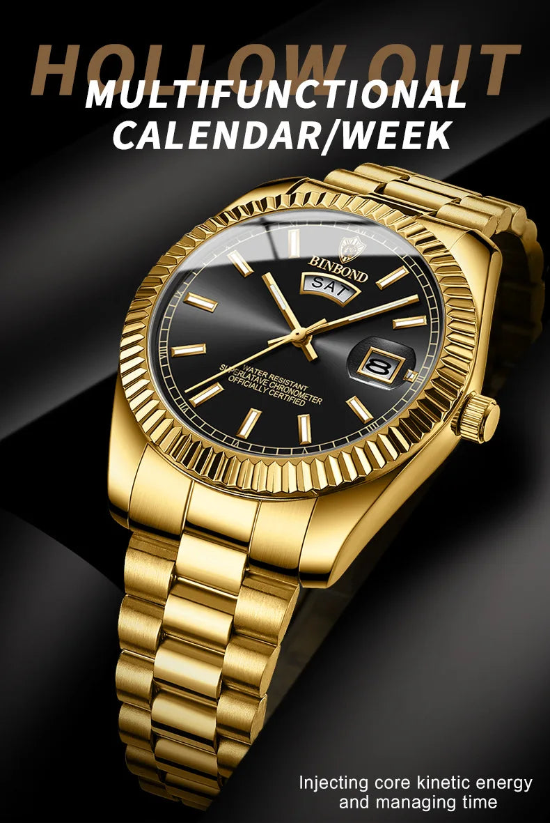 BINBOND B7012 Mens Fashion Business Sports Quartz Watch 30M Waterproof Luminous Classic Calendar Creative Clock Mens Wristwatch