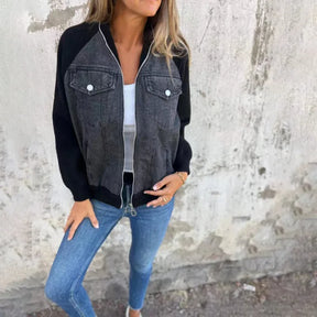 Autumn Winter New Denim Patchwork Jacket Coat For Women'S Casual Fashion Shoulder Rubbing Long Sleeve V Neck Denim Jacket Female