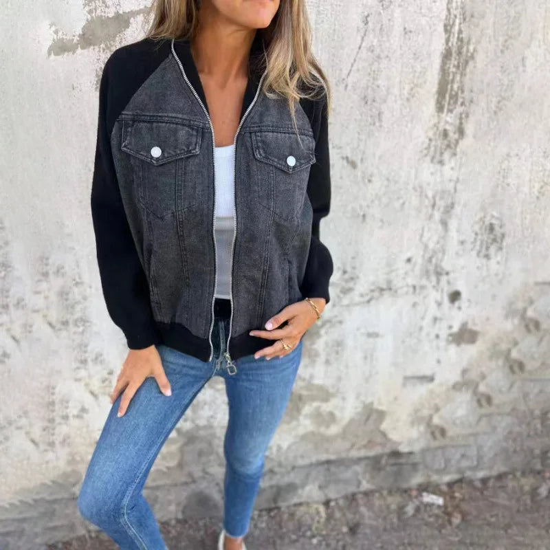 Autumn Winter New Denim Patchwork Jacket Coat For Women'S Casual Fashion Shoulder Rubbing Long Sleeve V Neck Denim Jacket Female
