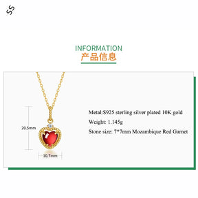 Japanese Style Vintage Red Garnet Heart Necklace 925 Sterling Silver Gold Tone Finish Chain Unique Minimalist Jewelry Gift