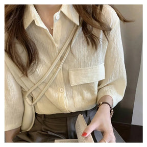 Korea One Pocket Loose Blouse Ins Summer French Sle Single-Breasted Round Neck Lace clothing Design sense fold Shirts Top