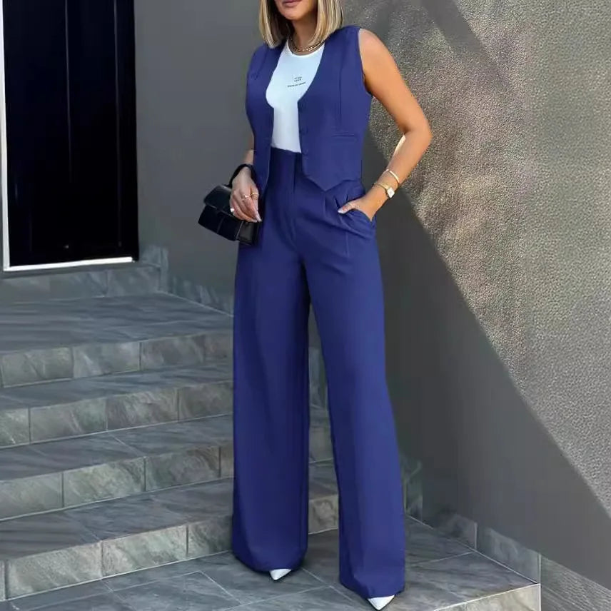 Women OL Blazer Pant Sets 2 Pieces Casual Slim Notched Cardigan Blazer Waistcoat&High Elastic Pocket Wide Leg Trousers Suits