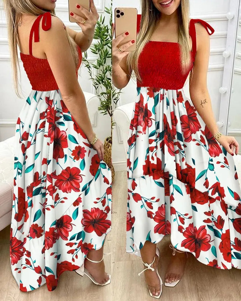 Summer Women's 2025  new irregular strapless halter sleeveless long dress Sling Patchwork Print Irregular Tube Top Dress