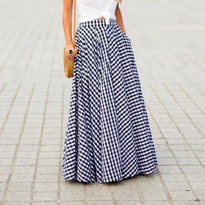 Spring/Summer Elegant and Fashion Style Checkered Medium to Long High Waist Large Swing Skirt with Drop Feeling Half Body Skirt