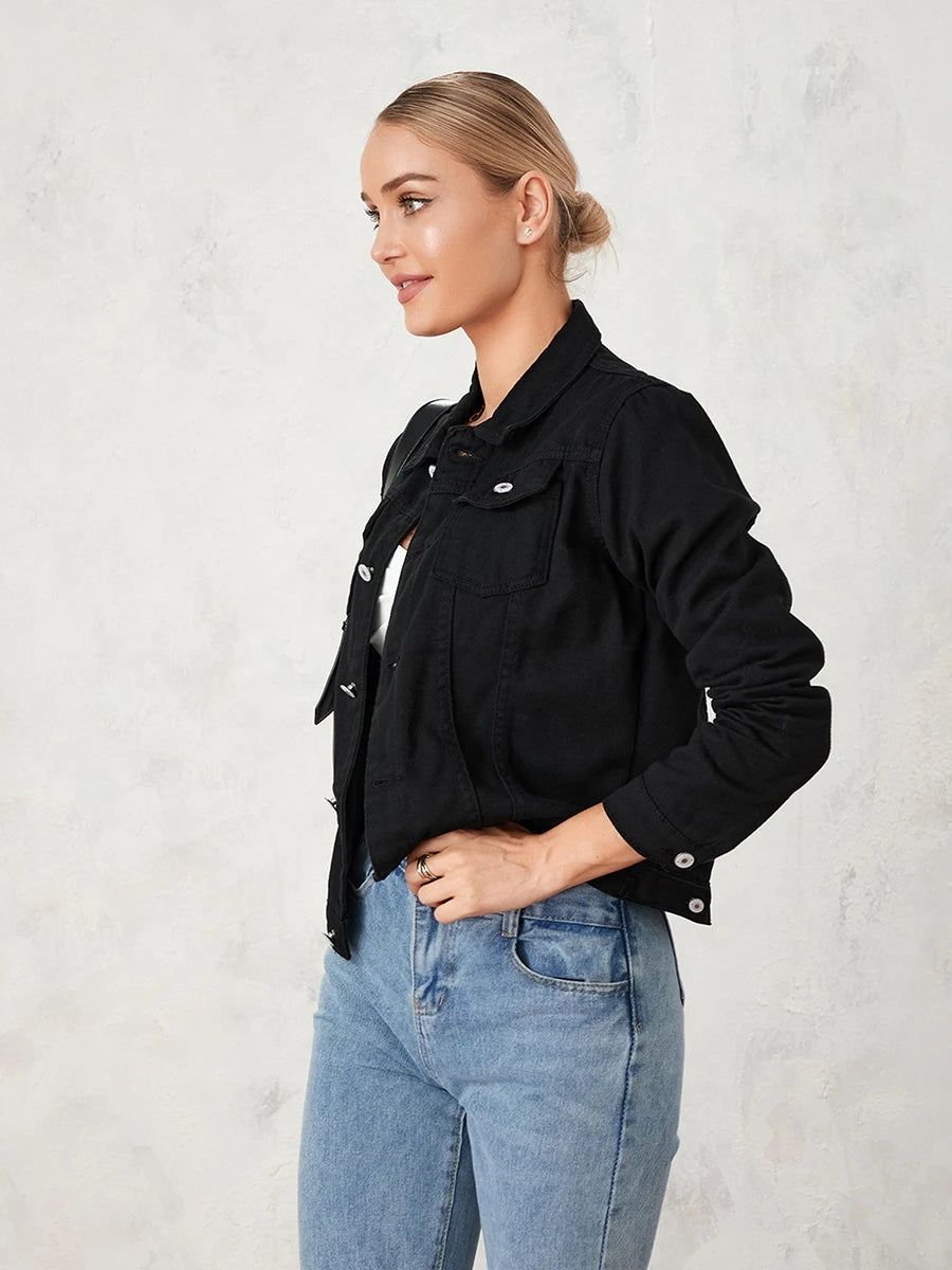 Women Denim Jacket Solid Color Black Blue Yellow Pink Red Casual Long Sleeve Button Down Chest Pocket Jean Jacket