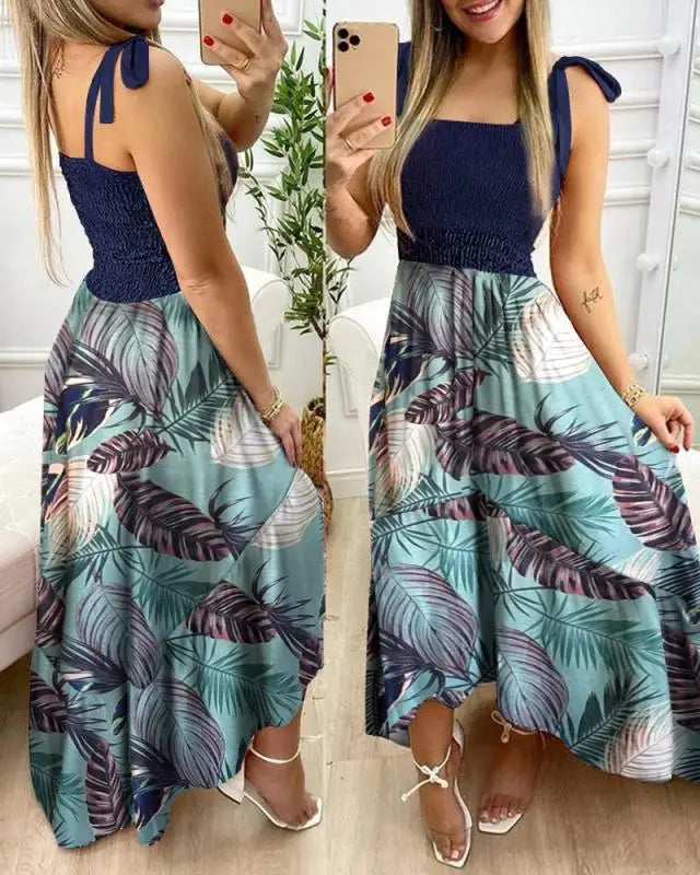 Summer Women's 2025  new irregular strapless halter sleeveless long dress Sling Patchwork Print Irregular Tube Top Dress