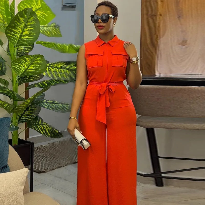 2024 Spring Summer Sleeveless Wide Leg Jumpsuit Women Turn-down Neck Pocket Front Zipper Fly Street One Piece Suit Playsuits