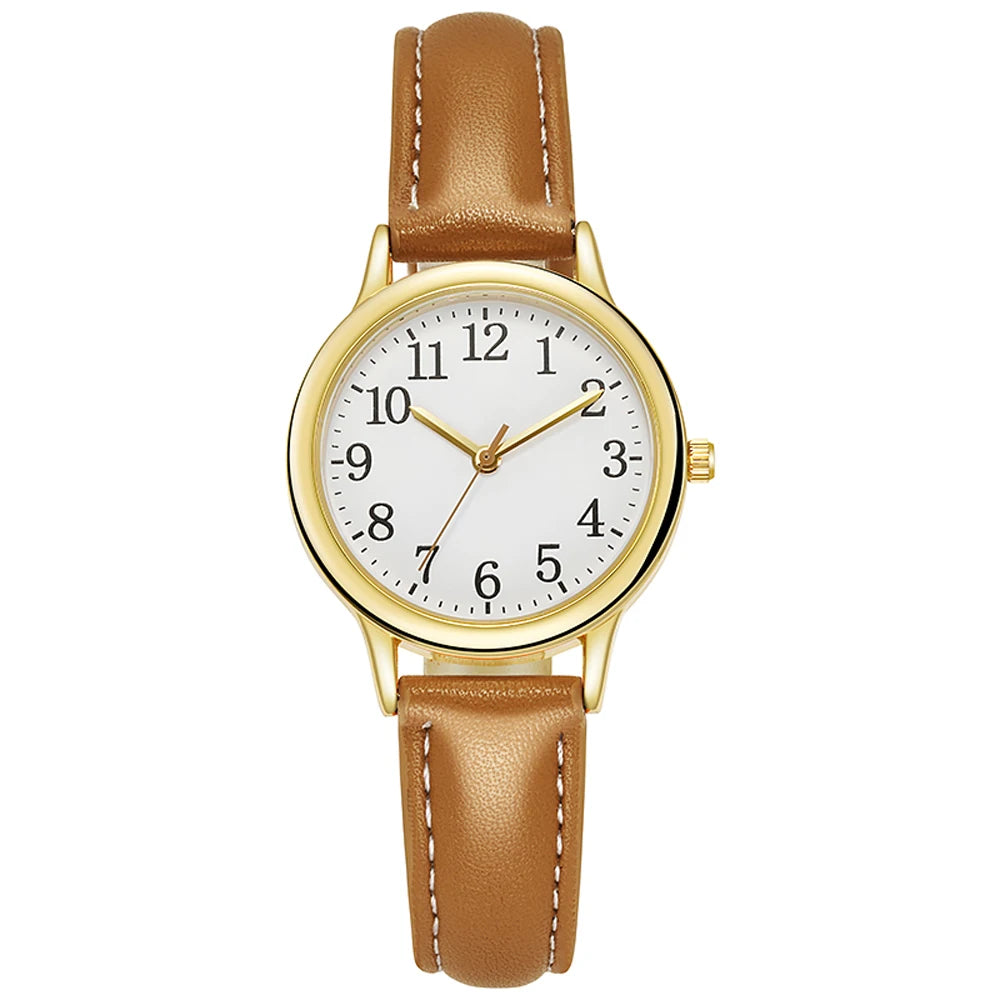 Leisure Fashion Women Quartz Watch Easy to Read Arabic Numerals Simple Dial PU Leather Strap Lady Candy Color