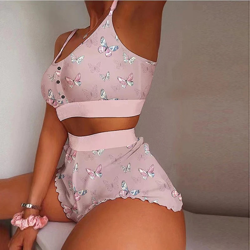 Summer Sexy Tank Top and Tropical Print Shorts Set With Belt Two Piece Suit Sleeveless Tops Party Wear Sets
