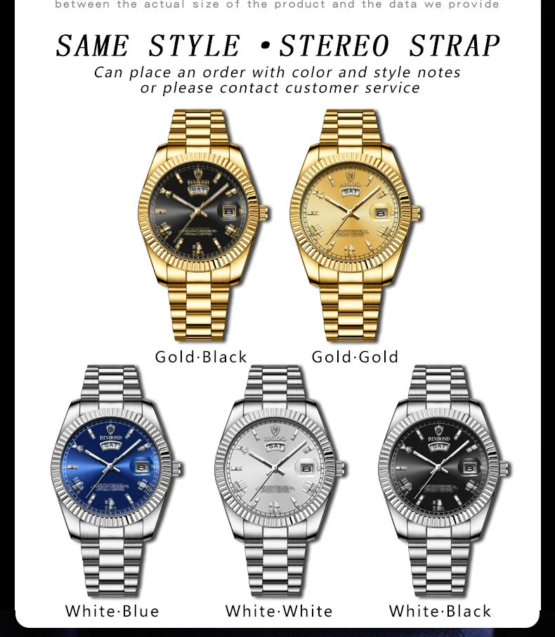 BINBOND B7012 Mens Fashion Business Sports Quartz Watch 30M Waterproof Luminous Classic Calendar Creative Clock Mens Wristwatch