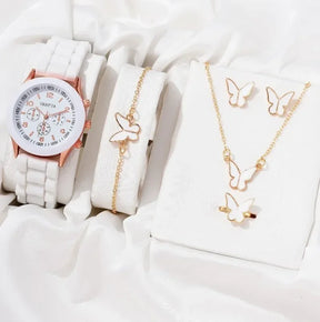 6PCS/Set Women's Watches Casual Silicone Band Analog Quartz Watch Heart Pearls Jewelry Set(Without Box)