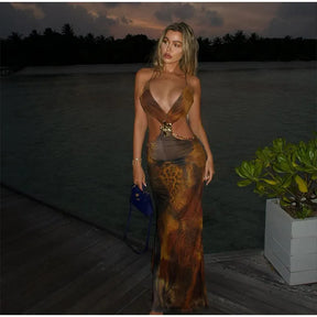 Sexy Printed V-neck Hollow Out Maxi Dress Women Fashion Backless Sleeveless High Waist Vestidos Summer Lady Party Dresses