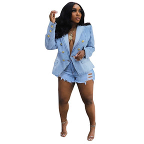 Women New Slim Double-Breasted Button Denim Jacket Coat Slim Long Sleeve Autumn Ripped Fashion Jacket Blazer
