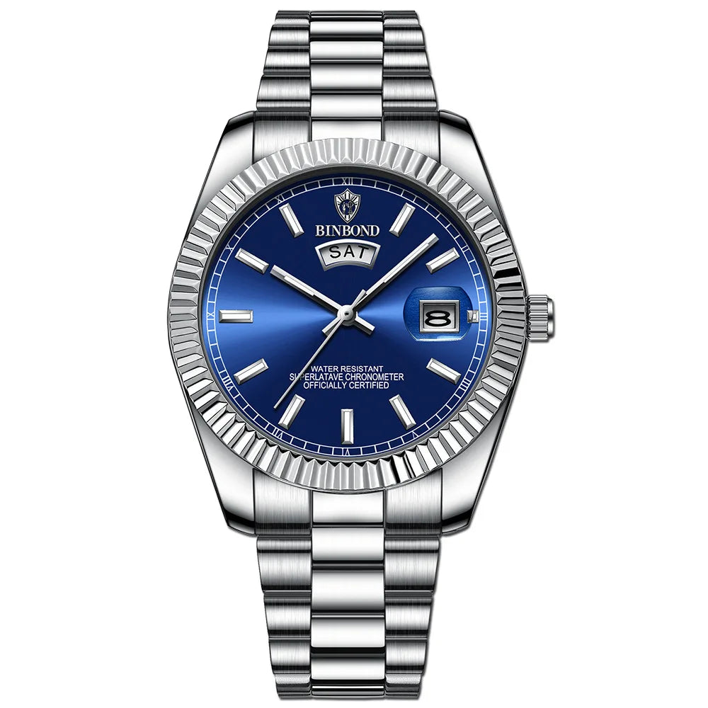 BINBOND B7012 Mens Fashion Business Sports Quartz Watch 30M Waterproof Luminous Classic Calendar Creative Clock Mens Wristwatch
