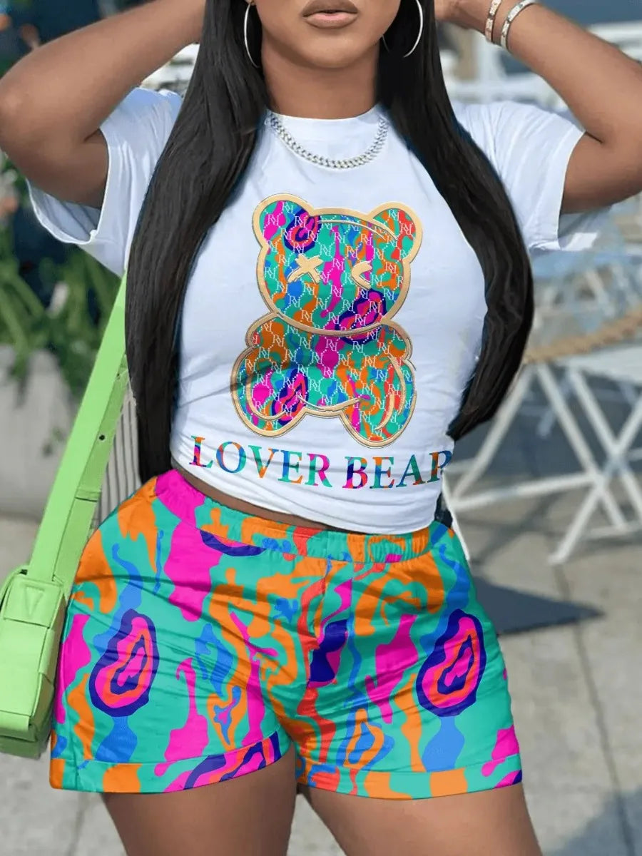 Casual Short Sleeve T T-shirt Shorts Set Office Lady Summer O-neck Cartoon Print Blouse Pants Two Piece Set Women Outfit 2023