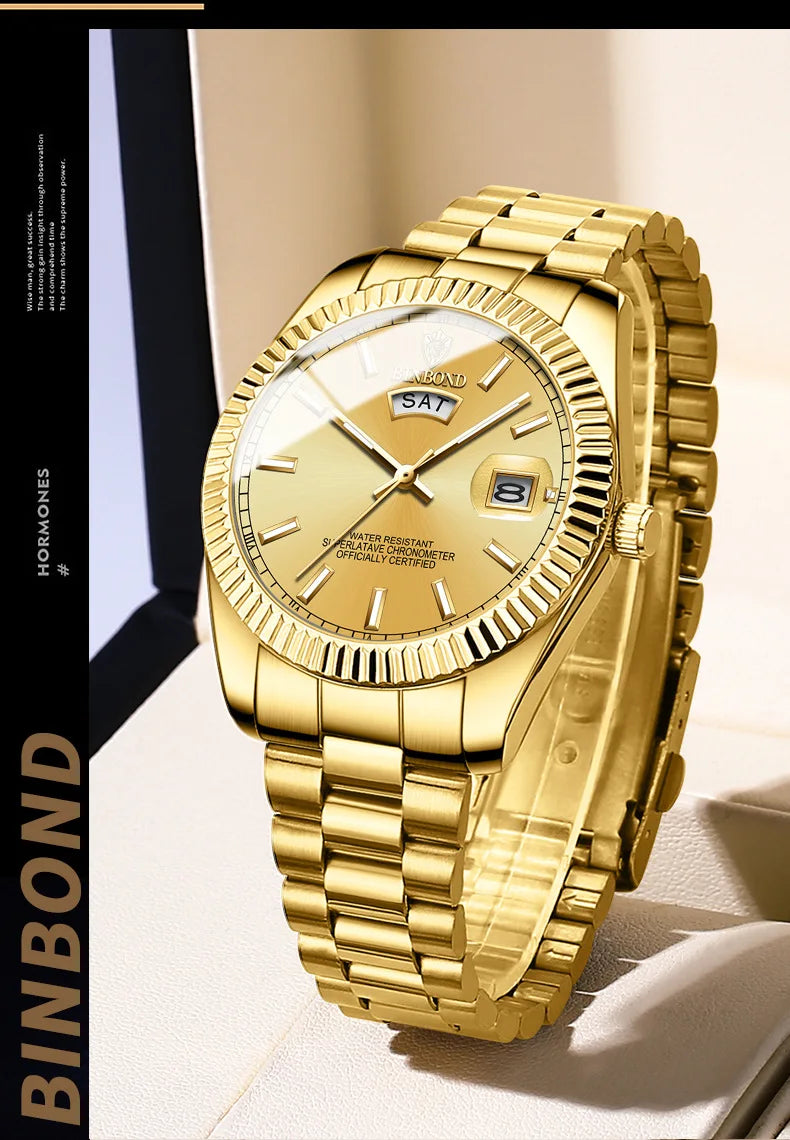 BINBOND B7012 Mens Fashion Business Sports Quartz Watch 30M Waterproof Luminous Classic Calendar Creative Clock Mens Wristwatch