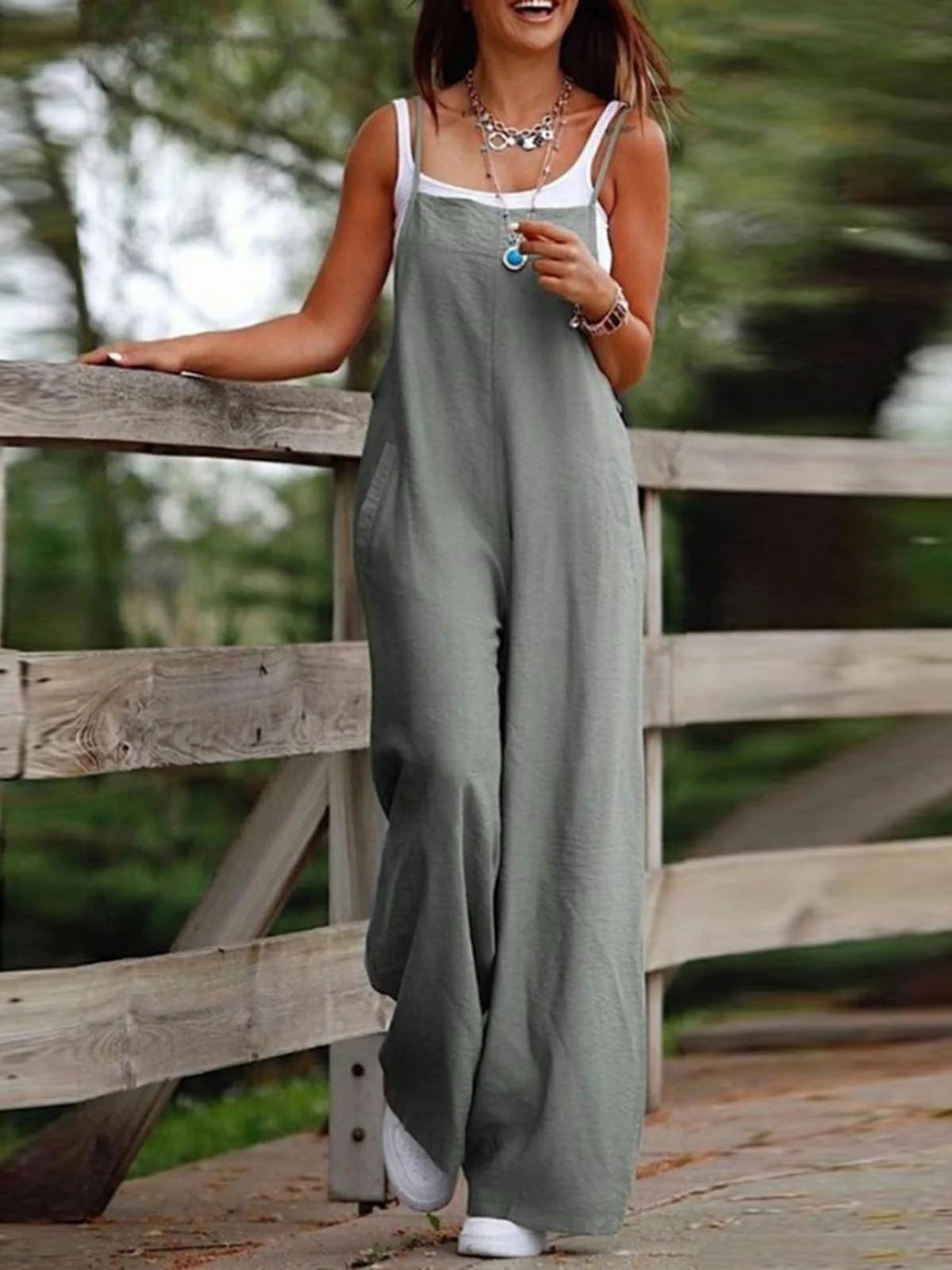 Summer Women Jumpsuit Backless Sleeveless Spaghetti Strap Wide Leg Lady Jumpsuit Deep Crotch Pockets Full Length Female Jumpsuit