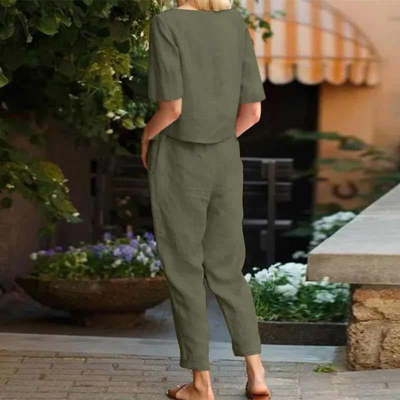 Women's Pullover Shirt And Pants Two-piece Set 2024 Women's Cotton And Linen Summer Suit Short Sleeved O-neck Outfit Pants