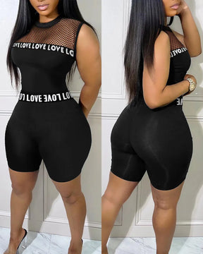 Fashion 2025 New Sexy 2 Pieces Sets Women Suits Letter Band Patch Fishnet Design Top & Shorts Set Feamle Clothes Black Outfits