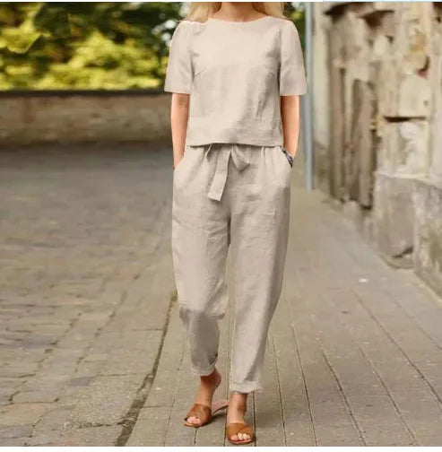 Women's Pullover Shirt And Pants Two-piece Set 2024 Women's Cotton And Linen Summer Suit Short Sleeved O-neck Outfit Pants