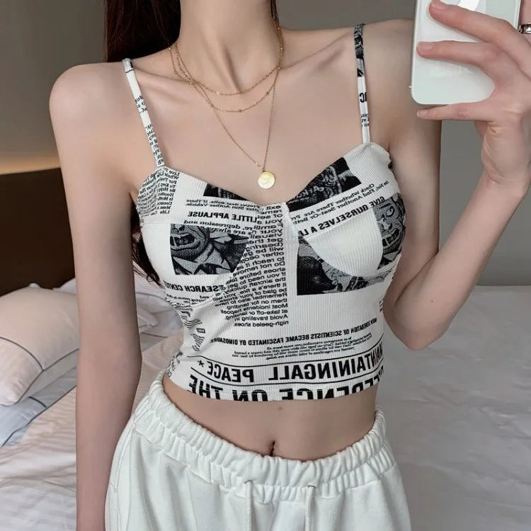 Women Push Up Camisole Padded Bra Sexy Top Suspender Tanks Fashion Printed Newspaper Camis Female Soft Sleeveless Tube Tops