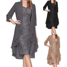 Formal Dress Set Women Outfit Elegant Flower Pattern Lace Vintage Two Pieces Set Women Knitted Cardigan Dress Banquet