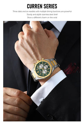 CURREN Fashion Casual Stainless Steel Band Quartz Wristwatches with Chronograph Waterproof Men's Watches