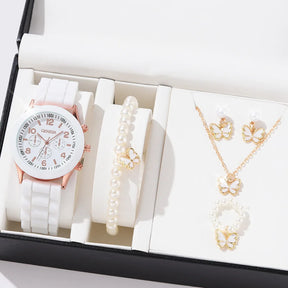 6PCS/Set Women's Watches Casual Silicone Band Analog Quartz Watch Heart Pearls Jewelry Set(Without Box)