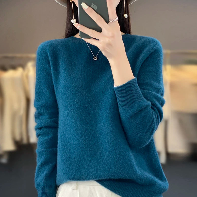 100% pure wool cashmere sweater women's O-neck pullover casual knit top autumn and winter women's coat Korean fashion