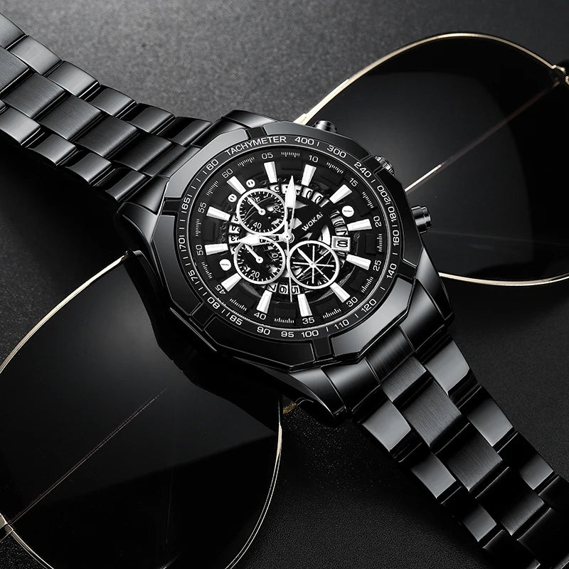 WOKAI high quality large dial men's European style waterproof luminous personality calendar watch boy business clock retro