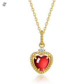 Japanese Style Vintage Red Garnet Heart Necklace 925 Sterling Silver Gold Tone Finish Chain Unique Minimalist Jewelry Gift