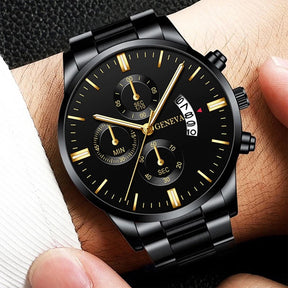 Leisure Business Fashion Men Black Stainless Steel Watch Luxury Calendar Quartz Wrist Watch Mens Business Watches for Man Clock