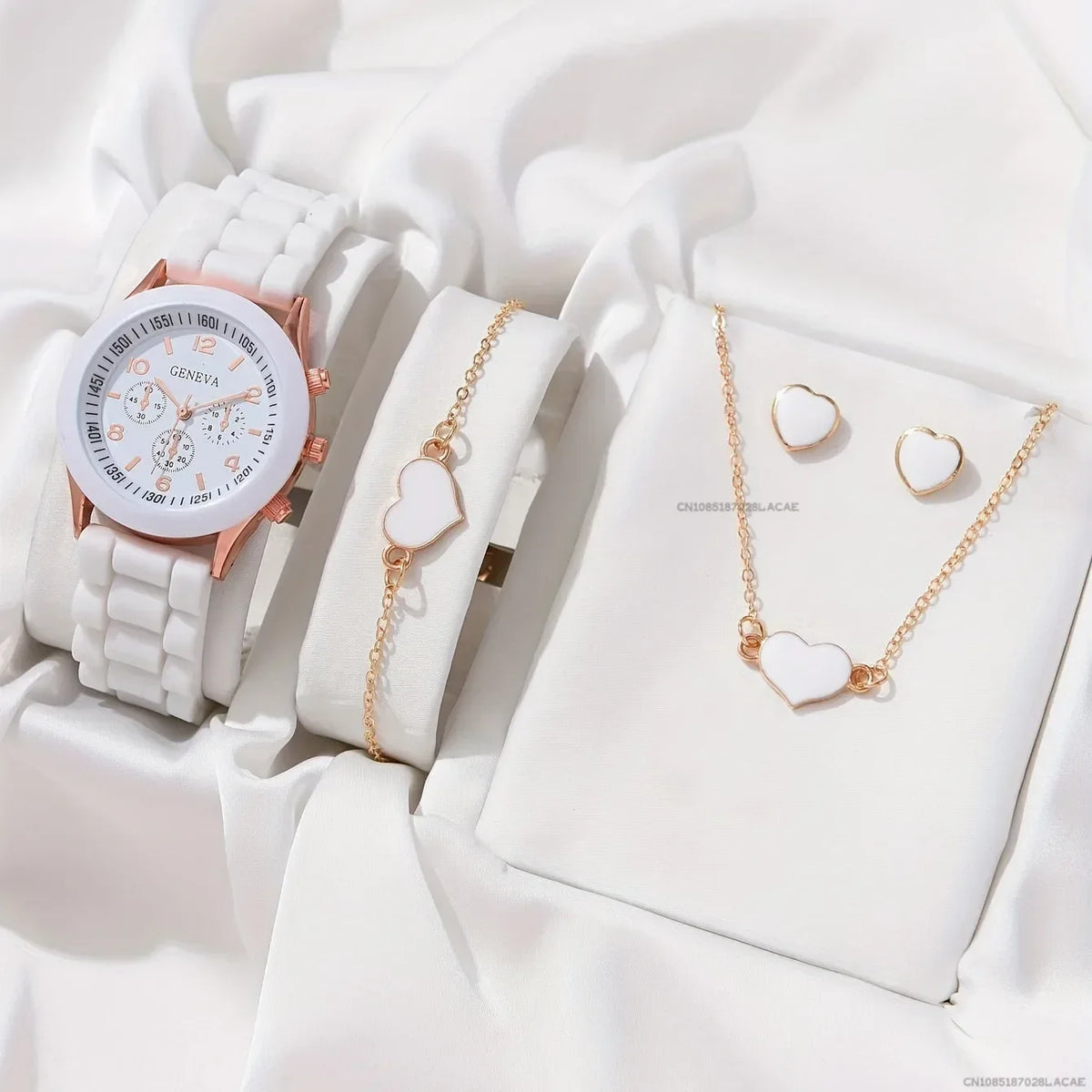 6PCS/Set Women's Watches Casual Silicone Band Analog Quartz Watch Heart Pearls Jewelry Set(Without Box)