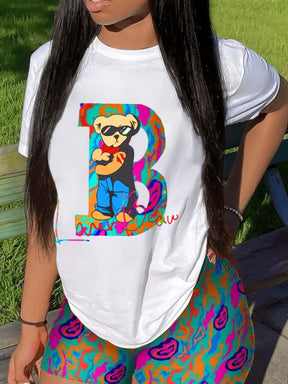 Casual Short Sleeve T T-shirt Shorts Set Office Lady Summer O-neck Cartoon Print Blouse Pants Two Piece Set Women Outfit 2023