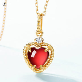 Japanese Style Vintage Red Garnet Heart Necklace 925 Sterling Silver Gold Tone Finish Chain Unique Minimalist Jewelry Gift