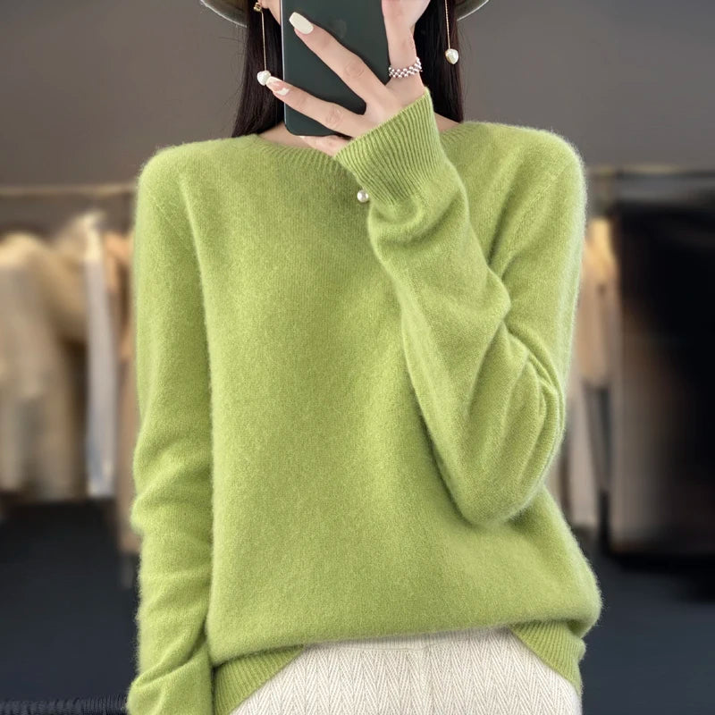 100% pure wool cashmere sweater women's O-neck pullover casual knit top autumn and winter women's coat Korean fashion