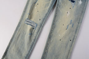 Purple jeans Men Fashion American high street brand Vintage wash blue paint distressed hole Repair Low Rise Skinny Denim pant