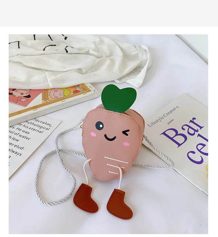 New Mini Cartoon Carrot PU Leather Children's Small Crossbody Bag Cute Kids One Shoulder Bag Boy Girl Sweet Messenger Bag Purse