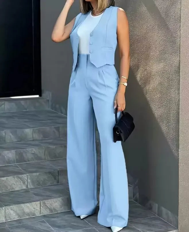 2024 Spring Summer Simple Graceful New Fashion Suit Vest Jacket Wide Leg Pants Casual Suit