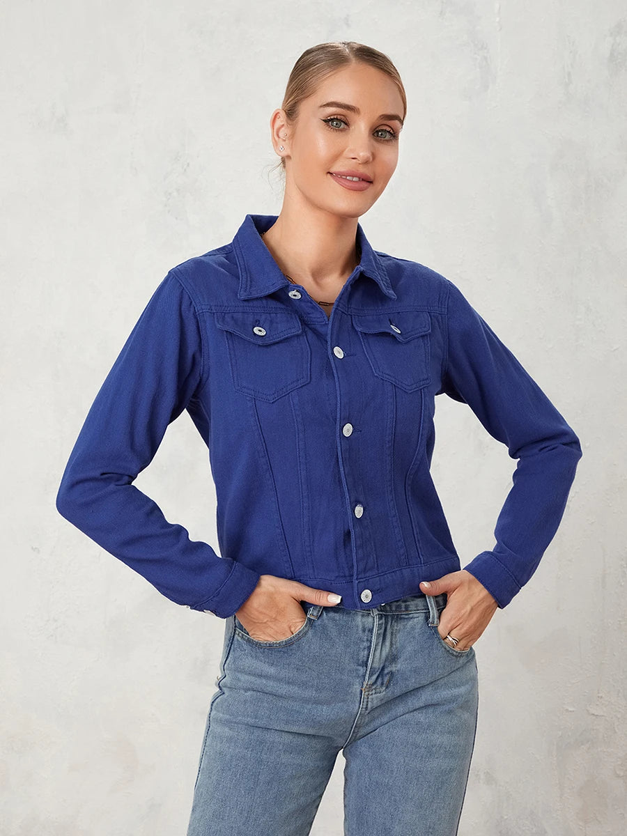 Women Denim Jacket Solid Color Black Blue Yellow Pink Red Casual Long Sleeve Button Down Chest Pocket Jean Jacket