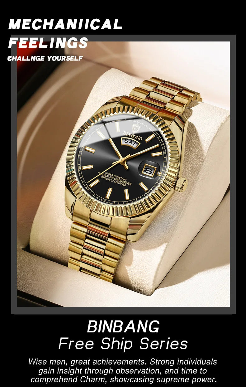 BINBOND B7012 Mens Fashion Business Sports Quartz Watch 30M Waterproof Luminous Classic Calendar Creative Clock Mens Wristwatch