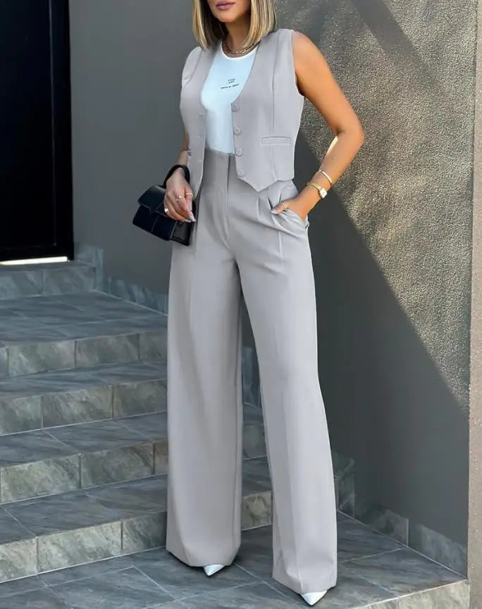 2024 Spring Summer Simple Graceful New Fashion Suit Vest Jacket Wide Leg Pants Casual Suit