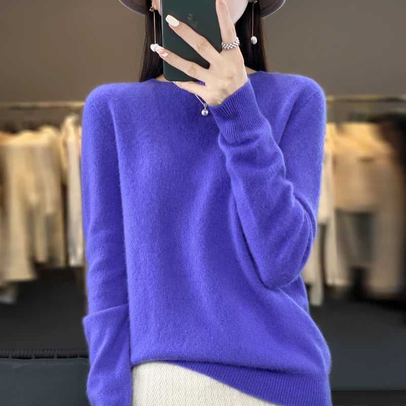 100% pure wool cashmere sweater women's O-neck pullover casual knit top autumn and winter women's coat Korean fashion