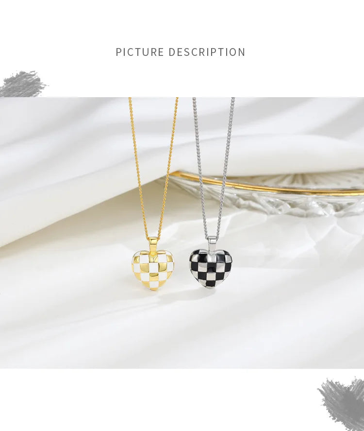 Classic S925 Sterling Silver Black and White Checkered Love Heart Necklace-Unique Nordic Style Jewelry