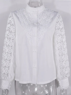 Shirts Elegant Office Ladies White Collared Lace Patchwork Hollow Out Button Up Womens Tops And Blouses 2025 Fashion New Blouse